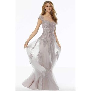 NEW MGNY by Mori Lee Beaded Lace Illusion Neck A-Line Maxi Dress Gown in Dusty L